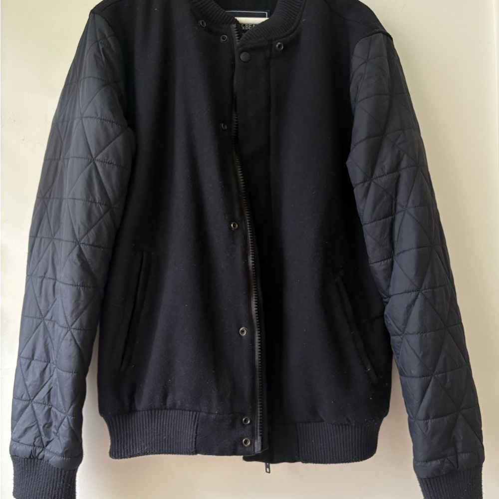 Pull&Bear Navy Blue Bomber Jacket with Quilted Sleeves (L)